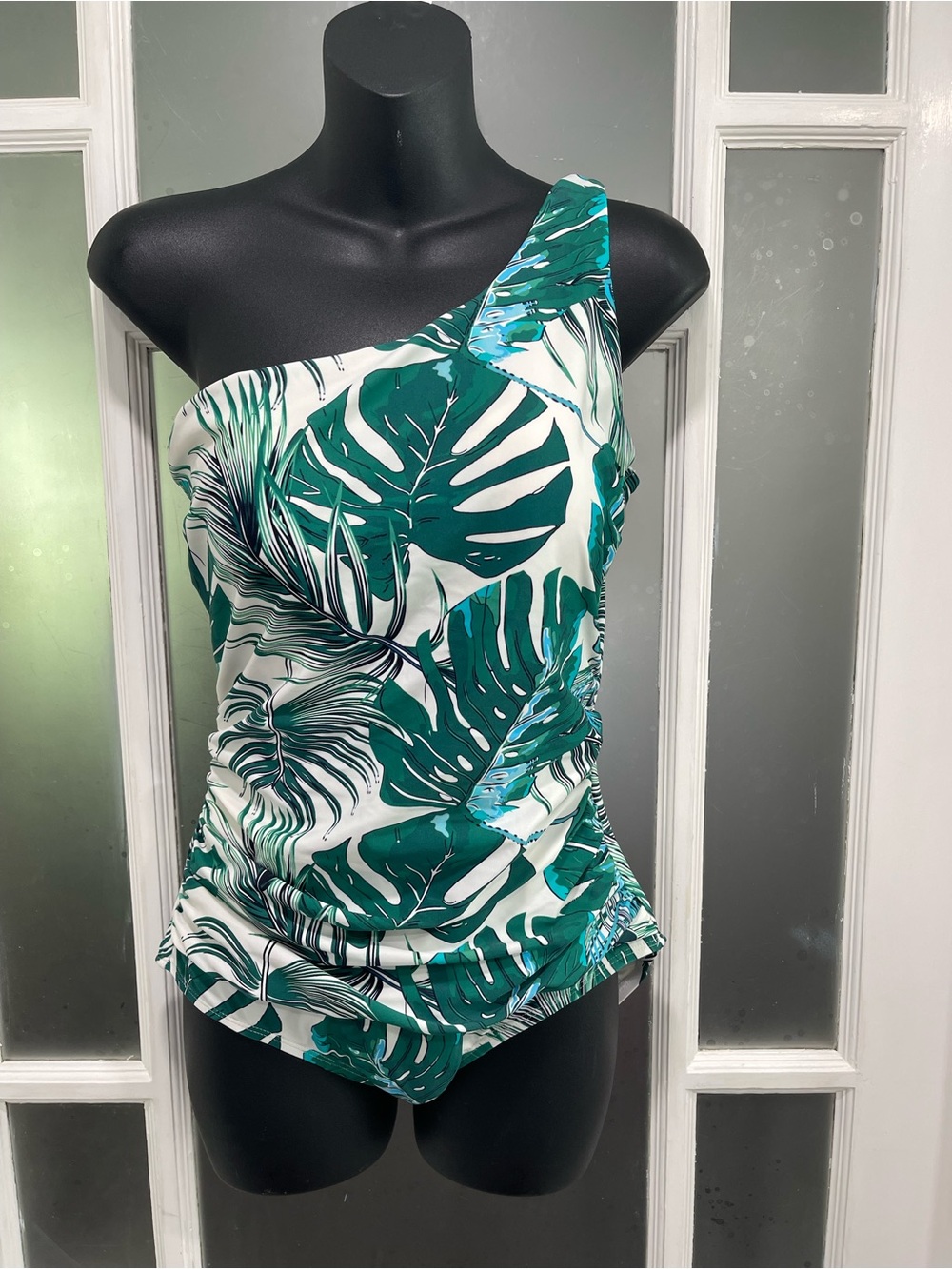 Asymmetric Green Tropical Leaf One-Piece Swimsuit